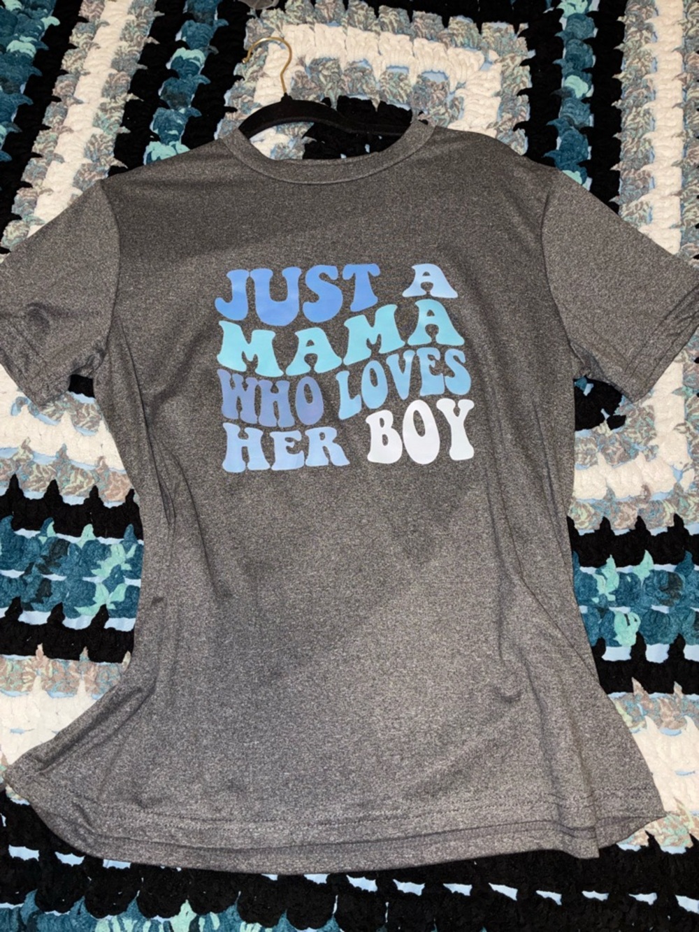 Just A Mama Tee - Gray with Blue/White Text